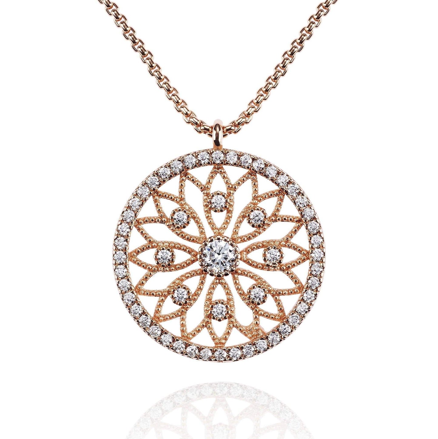 Rose Gold Mandala Arabesque Pendant Necklace with Cubic Zirconia - namana.london