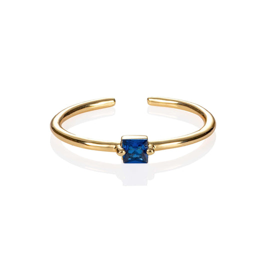 Adjustable Gold Plated Ring for Women with a Blue Cubic Zirconia Stone - namana.london