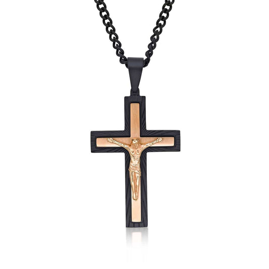 Large Rose Gold and Black Cross Pendant Necklace for Men - namana.london