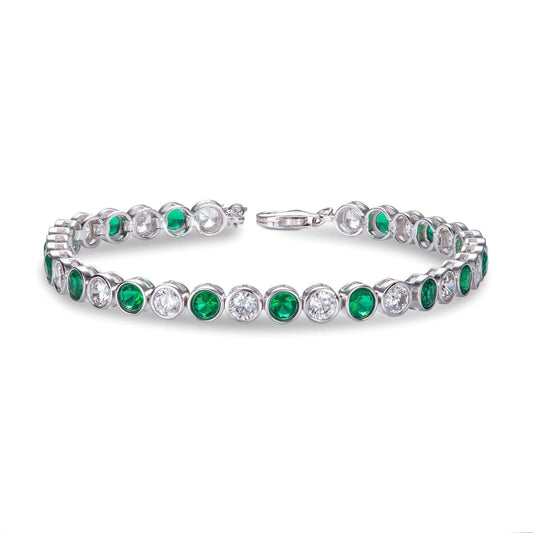 925 Sterling Silver Tennis Bracelet with Bezel Set Green & White Cubic Zirconia - namana.london