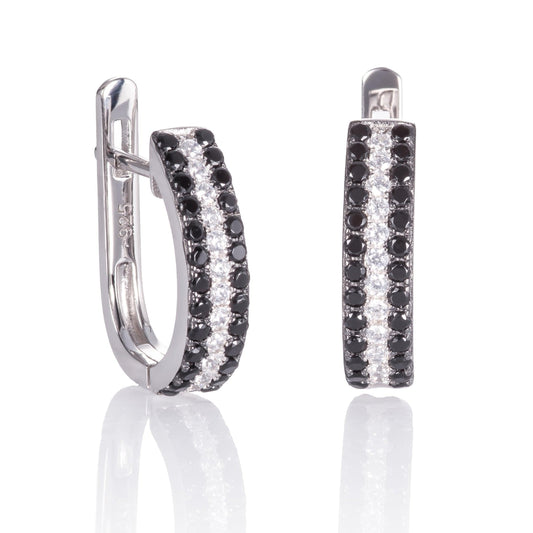Sterling Silver Hoop Earrings for Women with Black Stones - namana.london