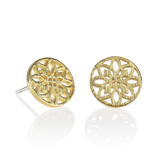 Gold Mandala Disc Stud Earrings with Brushed Finish - namana.london