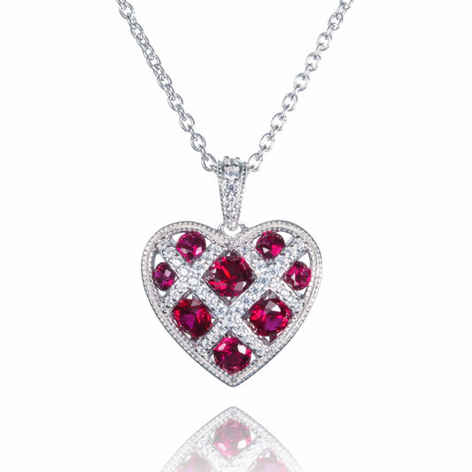 Sterling Silver Lattice Heart Necklace for Women with Red Stones - namana.london