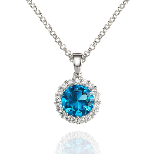 Halo Pendant Necklace with a Light Blue Cubic Zirconia Stone - namana.london