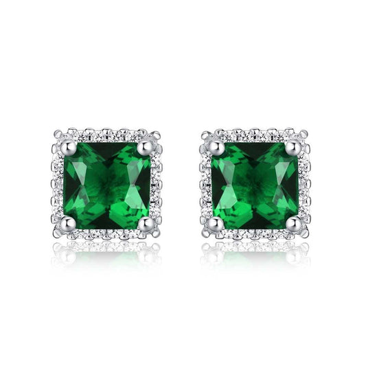 925 Sterling Silver Square Shaped Green Halo Stud Earrings for Women - namana.london