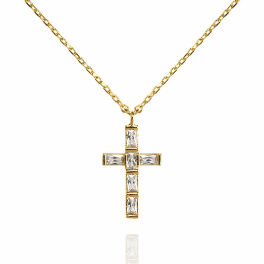 Gold Cross Pendant Necklace with Baguette Cubic Zirconia - namana.london