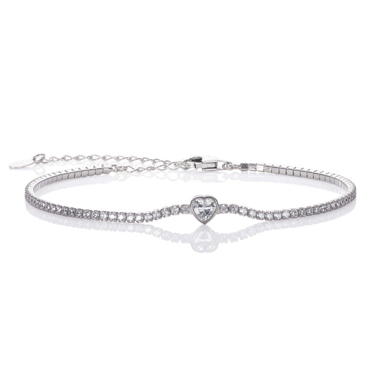 925 Sterling Silver Skinny Tennis Bracelet with a Heart Shaped Stone - namana.london