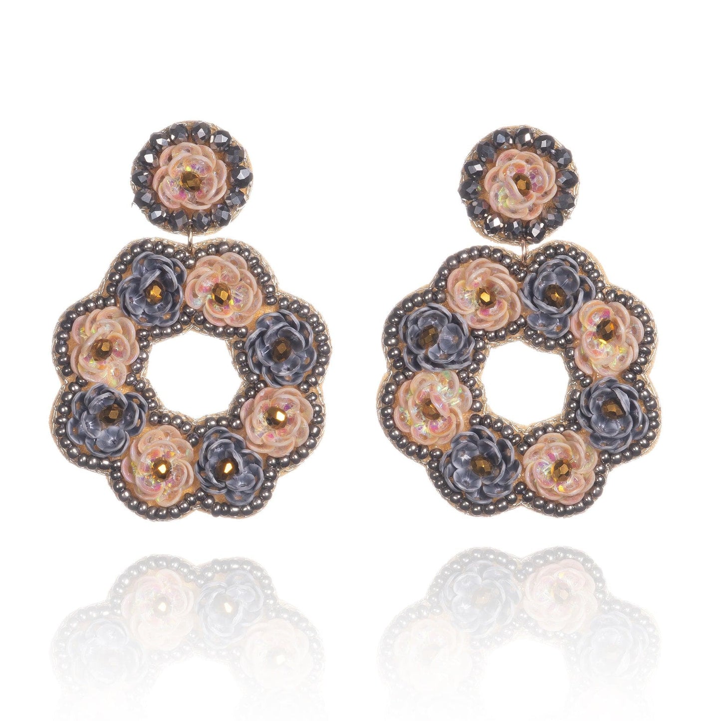 Large Grey and Salmon Flower Statement Earrings for Women - namana.london