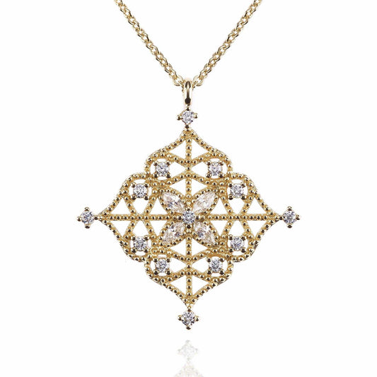 Gold Arabesque Pendant Necklace with Cubic Zirconia - namana.london