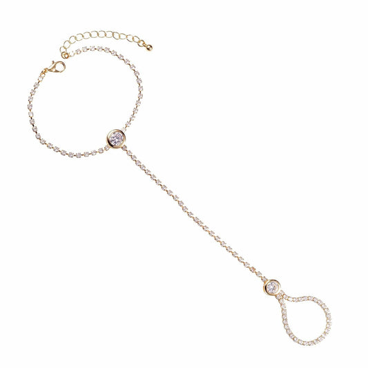 Gold Plated Diamante Hand and Ring Slave Bracelet for Women - namana.london