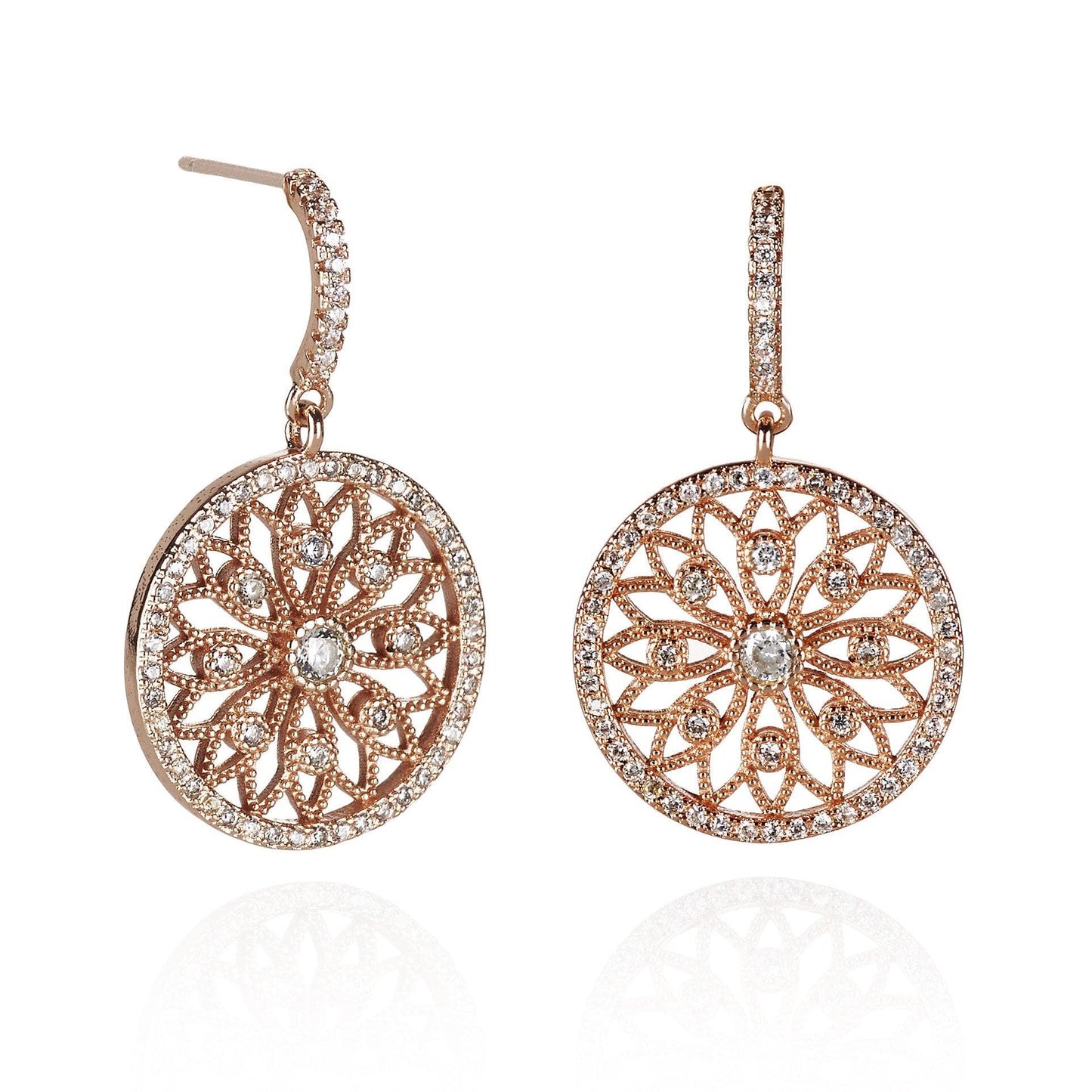 Rose Gold Mandala Arabesque Dangle Earrings with Cubic Zirconia - namana.london