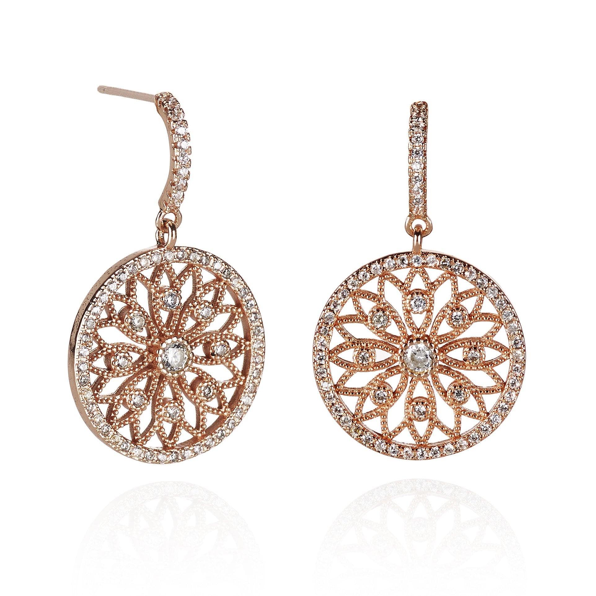 Rose Gold Mandala Arabesque Dangle Earrings with Cubic Zirconia - namana.london