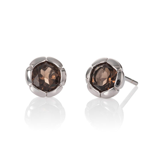 925 Sterling Silver Round Stud Earrings with Smoky Quartz Gemstones - namana.london
