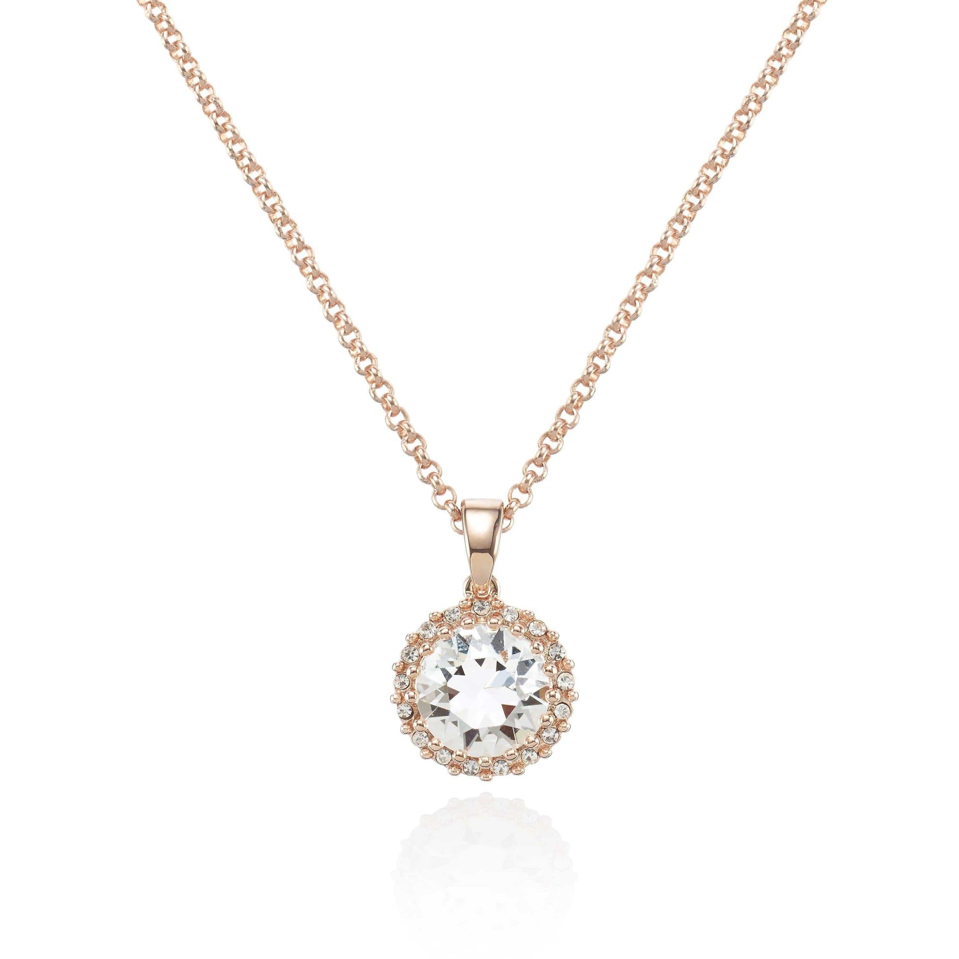 Rose Gold Halo Drop Pendant Necklace with Swarovski Crystals - namana.london