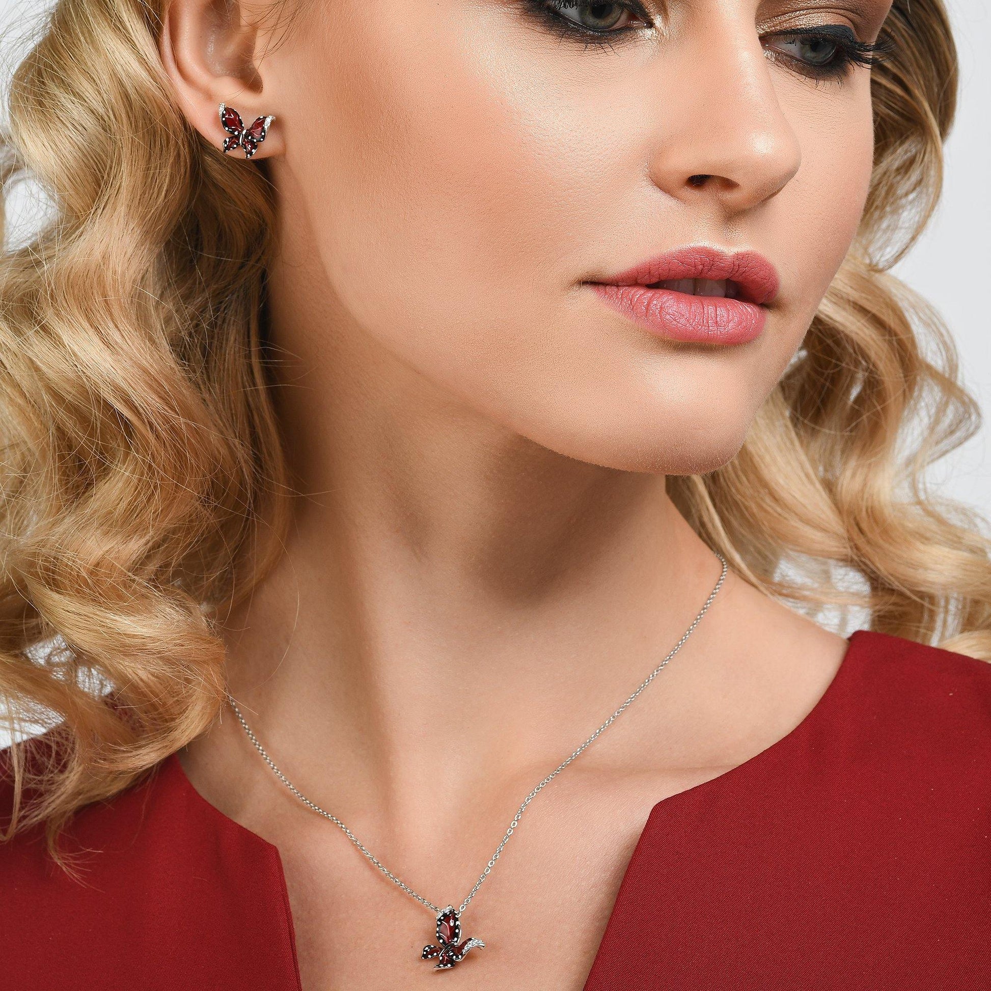 Sterling Silver Burgundy Enamel Butterfly Earrings for Women - namana.london