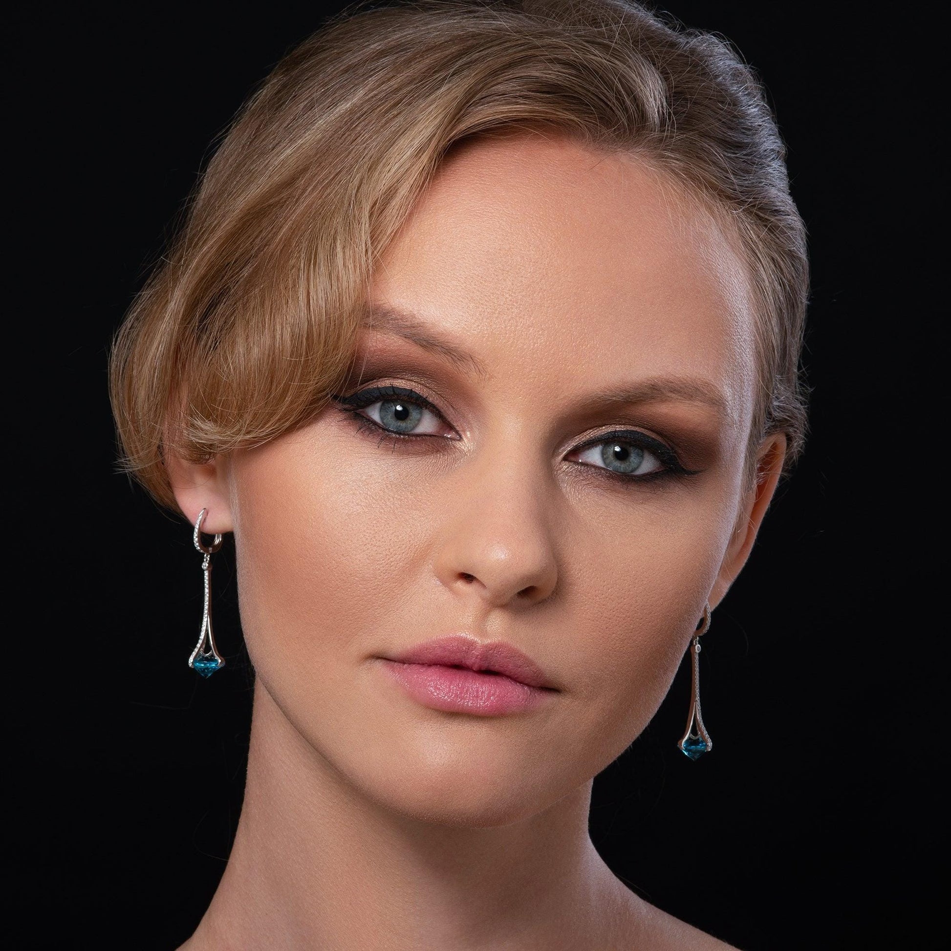 Sterling Silver Long Drop Earrings for Women with Light Blue Stones and Cubic Zirconia Gemstones - namana.london