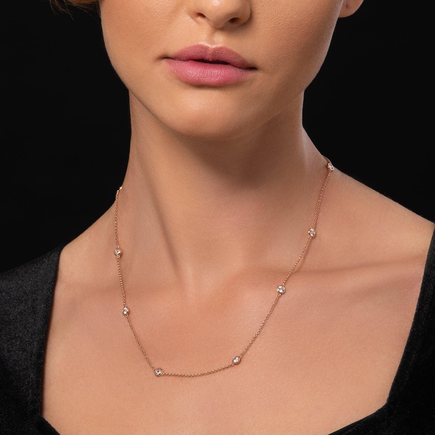 Long Rose Gold Chain Necklace with Stones - namana.london