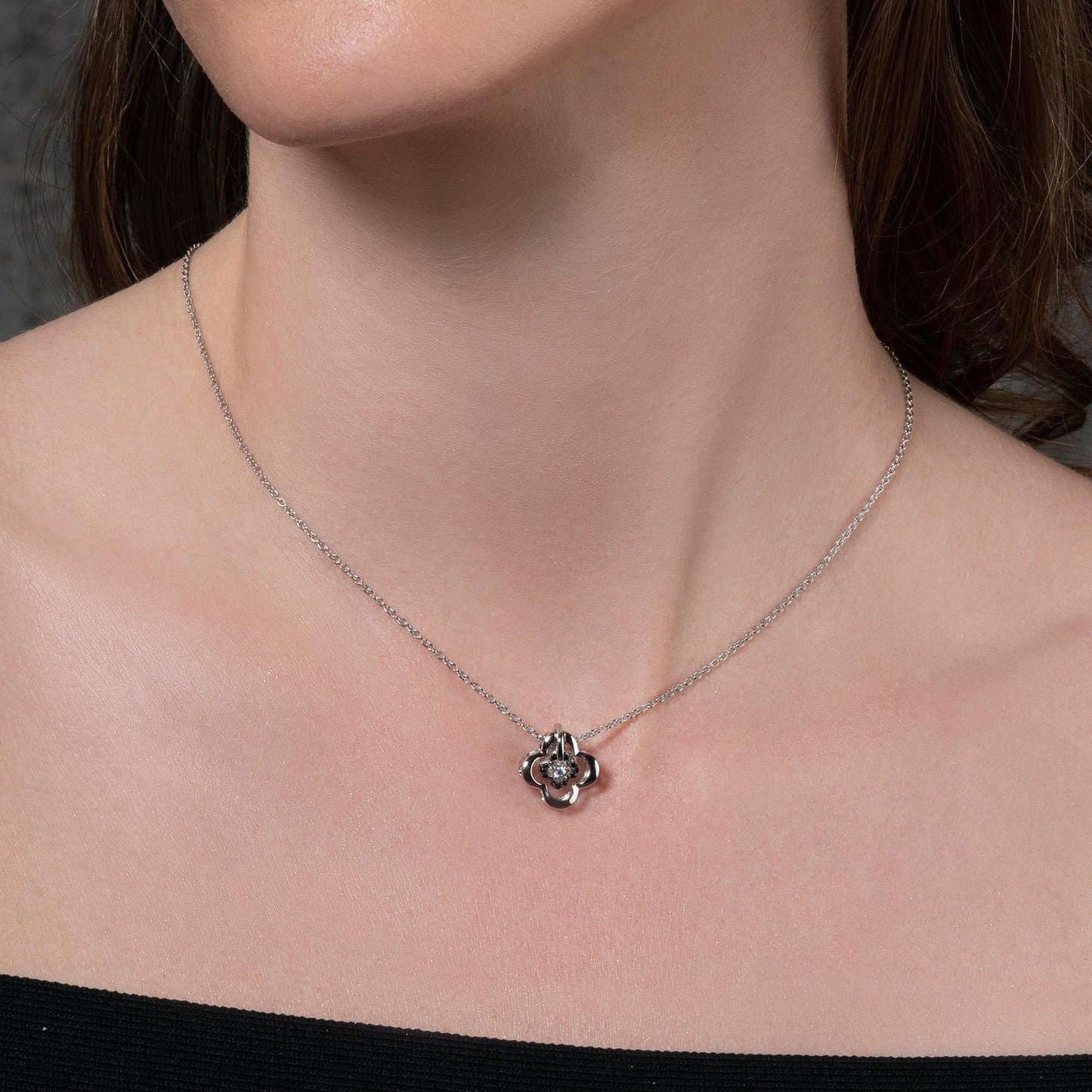 Sterling Silver Multi Wear Black and White Clover Pendant Necklace - namana.london