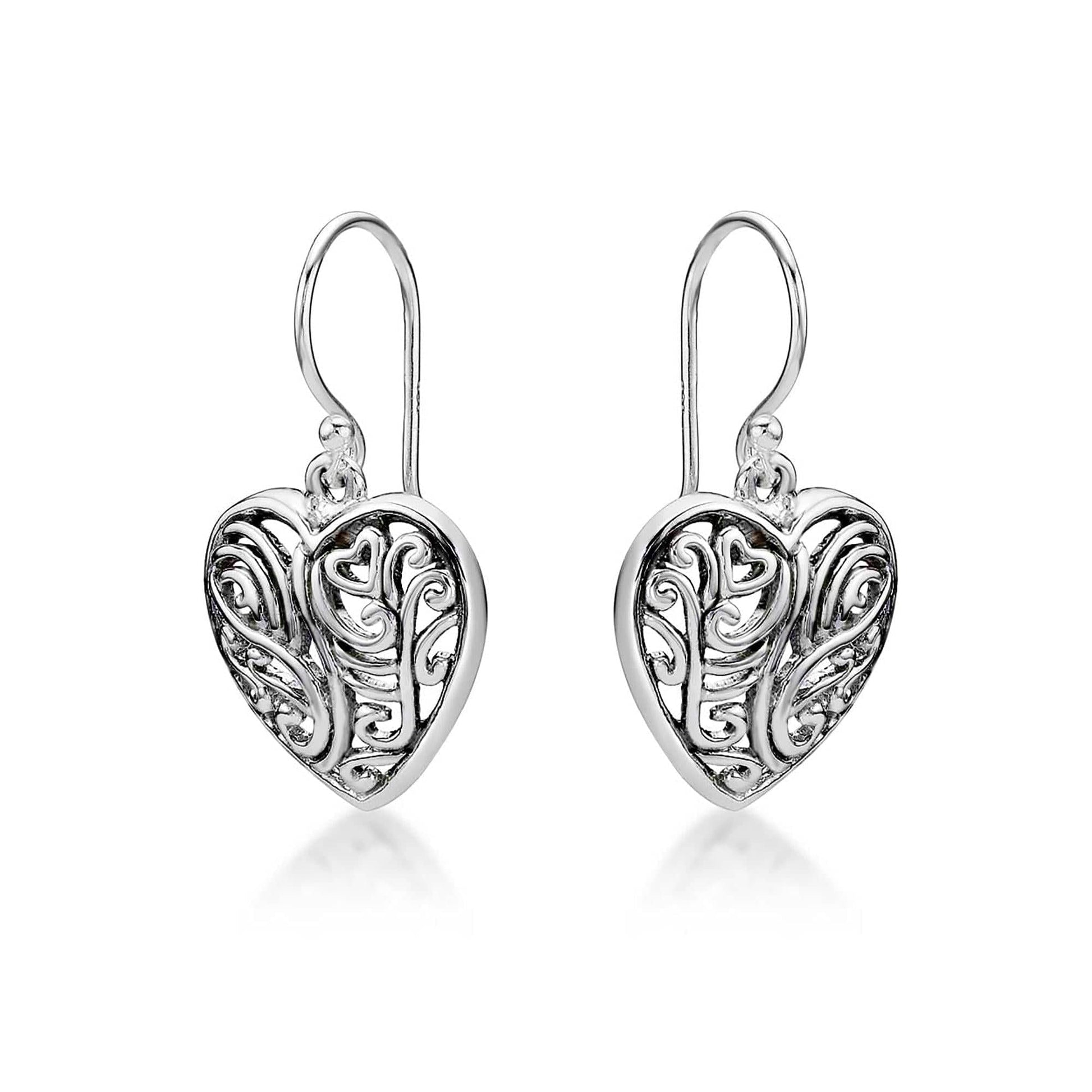 925 Sterling Silver Intricate Heart Drop Earrings for Women - namana.london