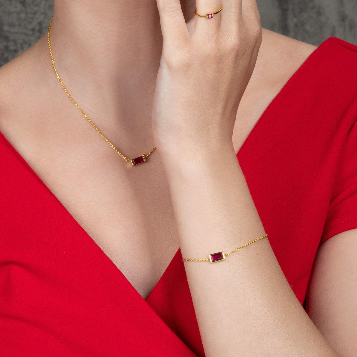 Dainty Gold Bracelet for Women and Girls with Red Cubic Zirconia