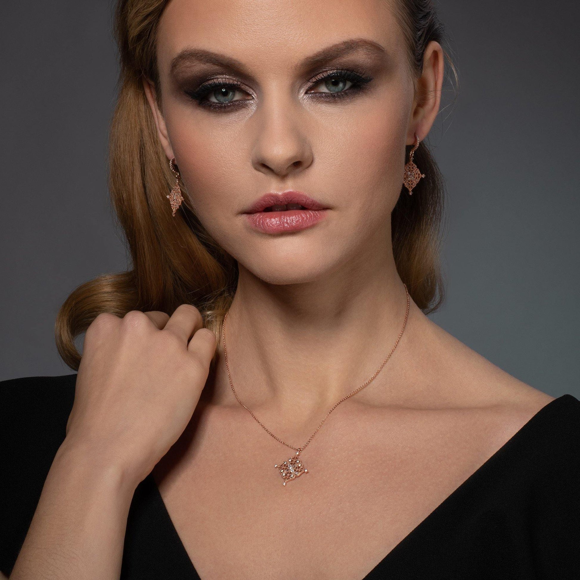 Rose Gold Arabesque Dangle Earrings with Cubic Zirconia - namana.london