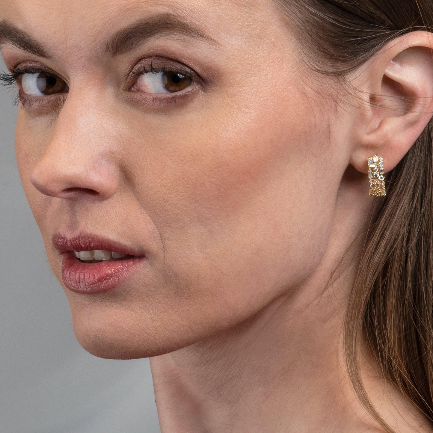 Gold Plated Hoop Earrings for Women with Baguette Stones - namana.london