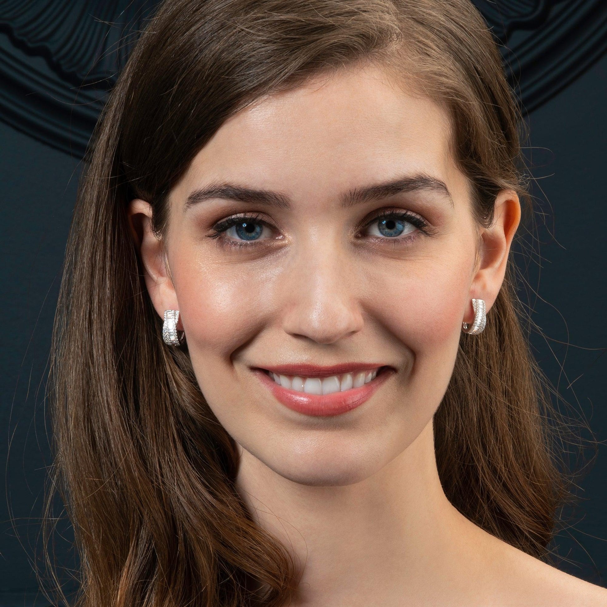 Sterling Silver Large Hoop Earrings for Women with Baguette Stones - namana.london