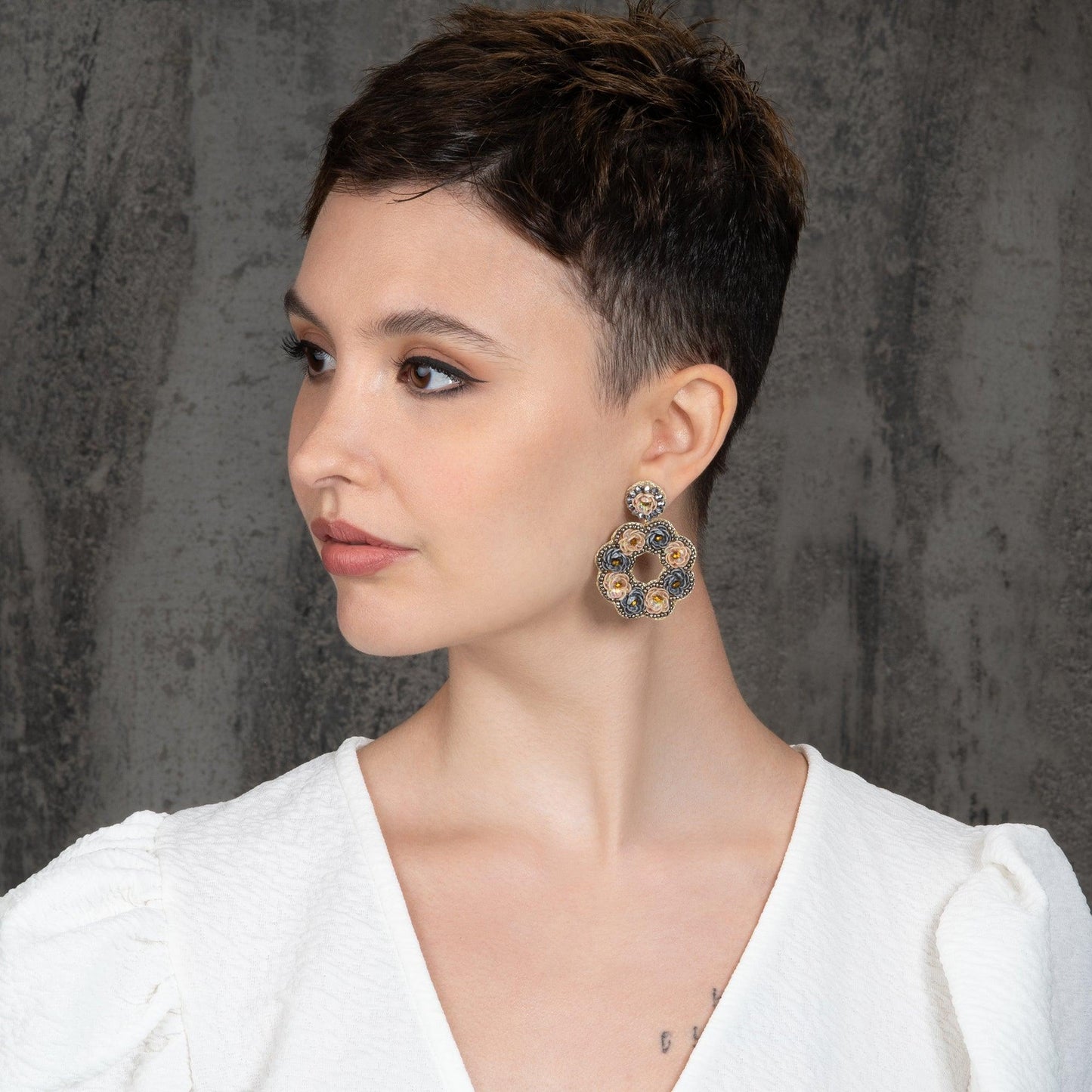 Large Grey and Salmon Flower Statement Earrings for Women - namana.london