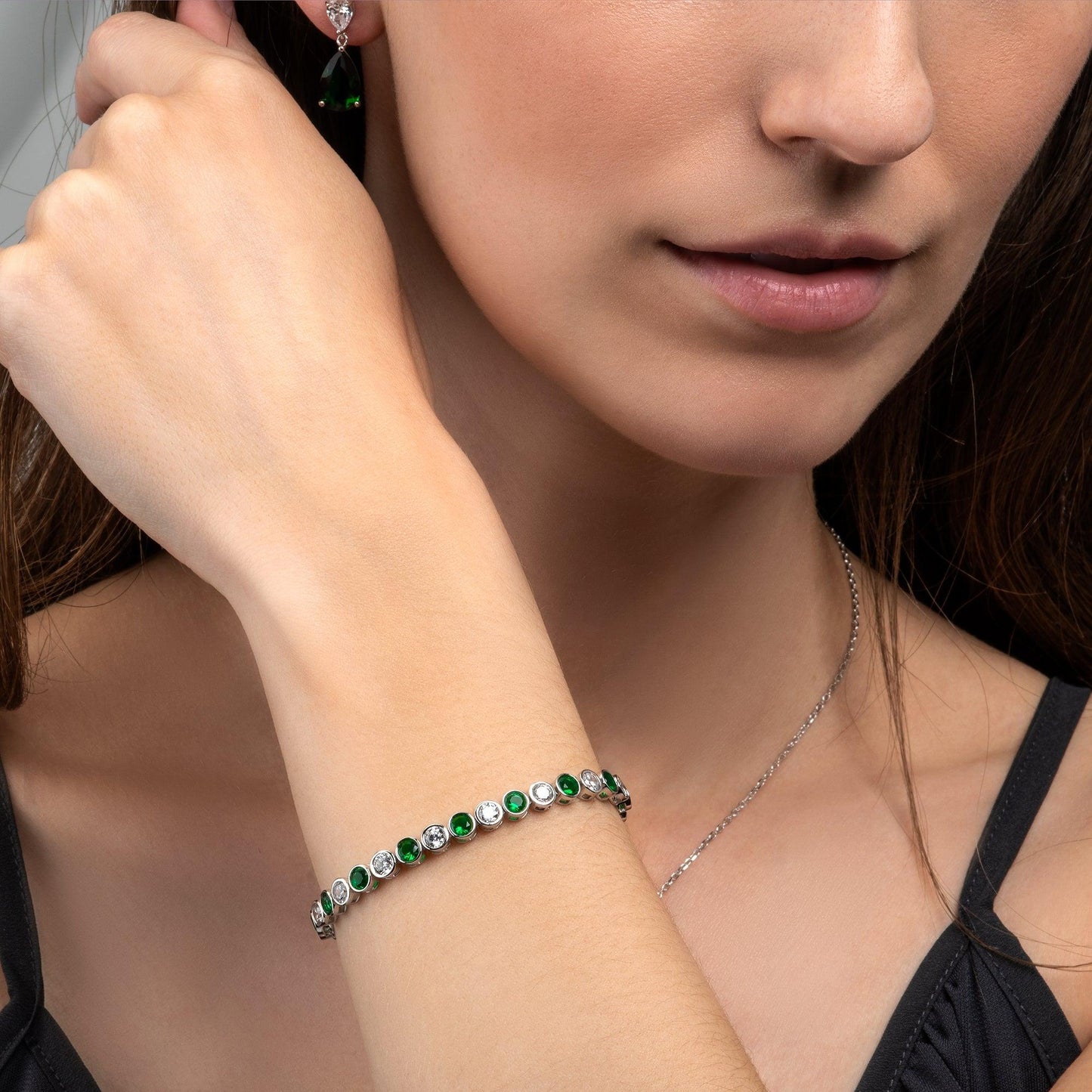 925 Sterling Silver Tennis Bracelet with Bezel Set Green & White Cubic Zirconia - namana.london