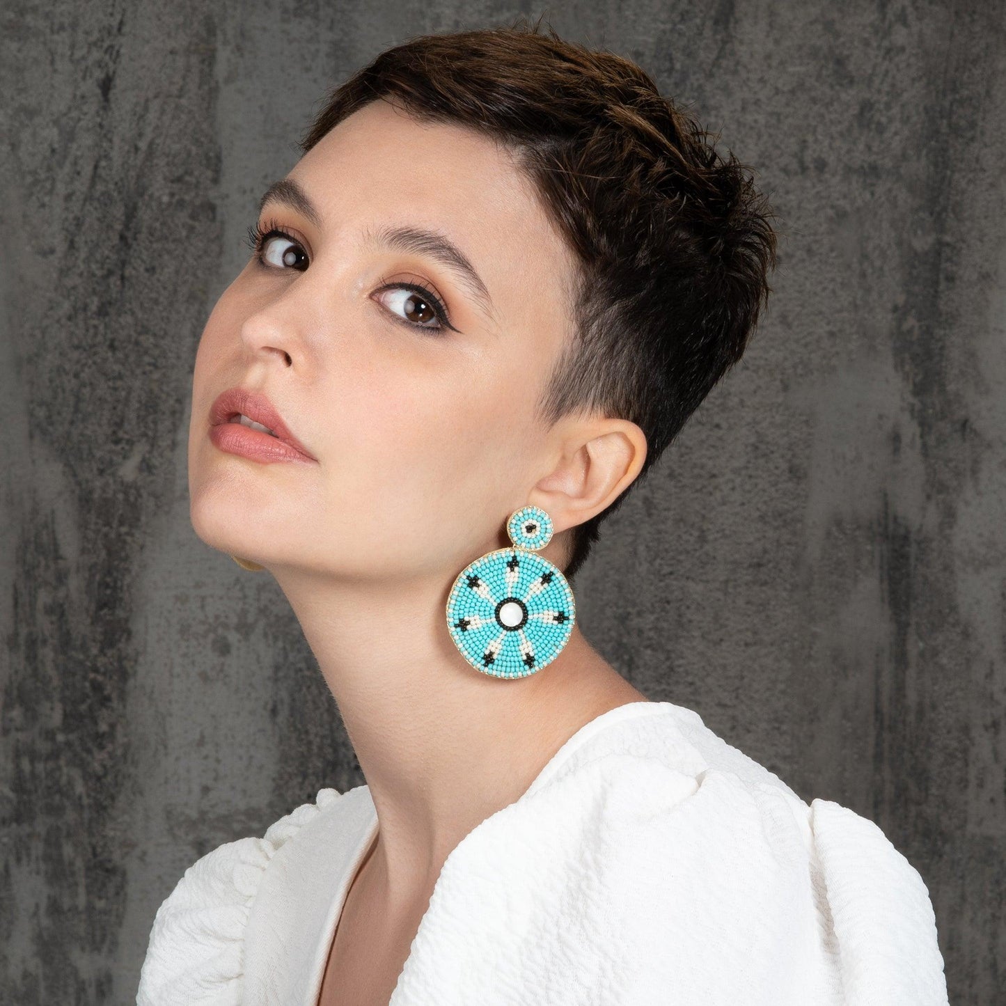 Large Turquoise Blue Beaded Statement Earrings for Women - namana.london