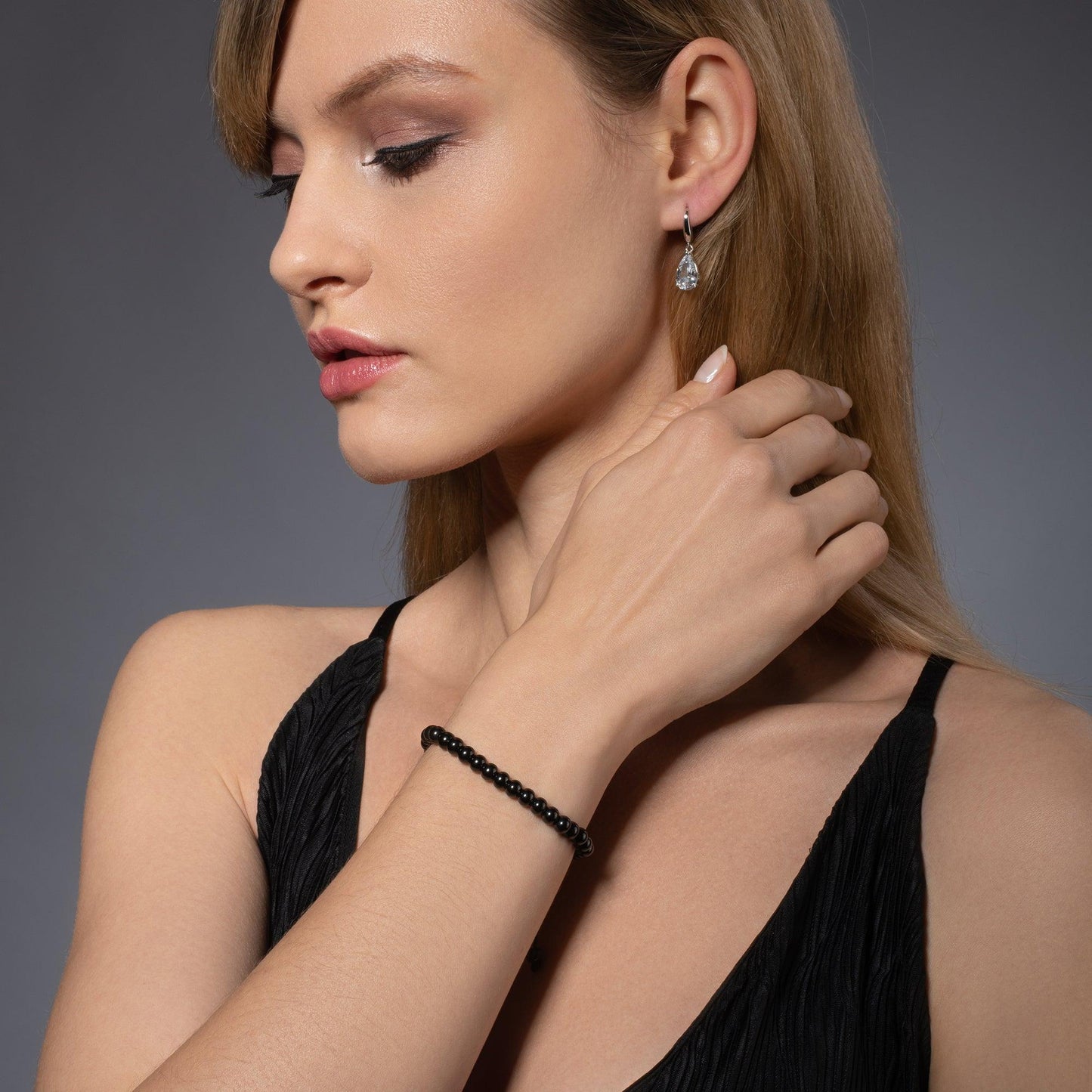 Gunmetal Black Bracelet for Women with Metal Beads on Adjustable Black Cord - namana.london