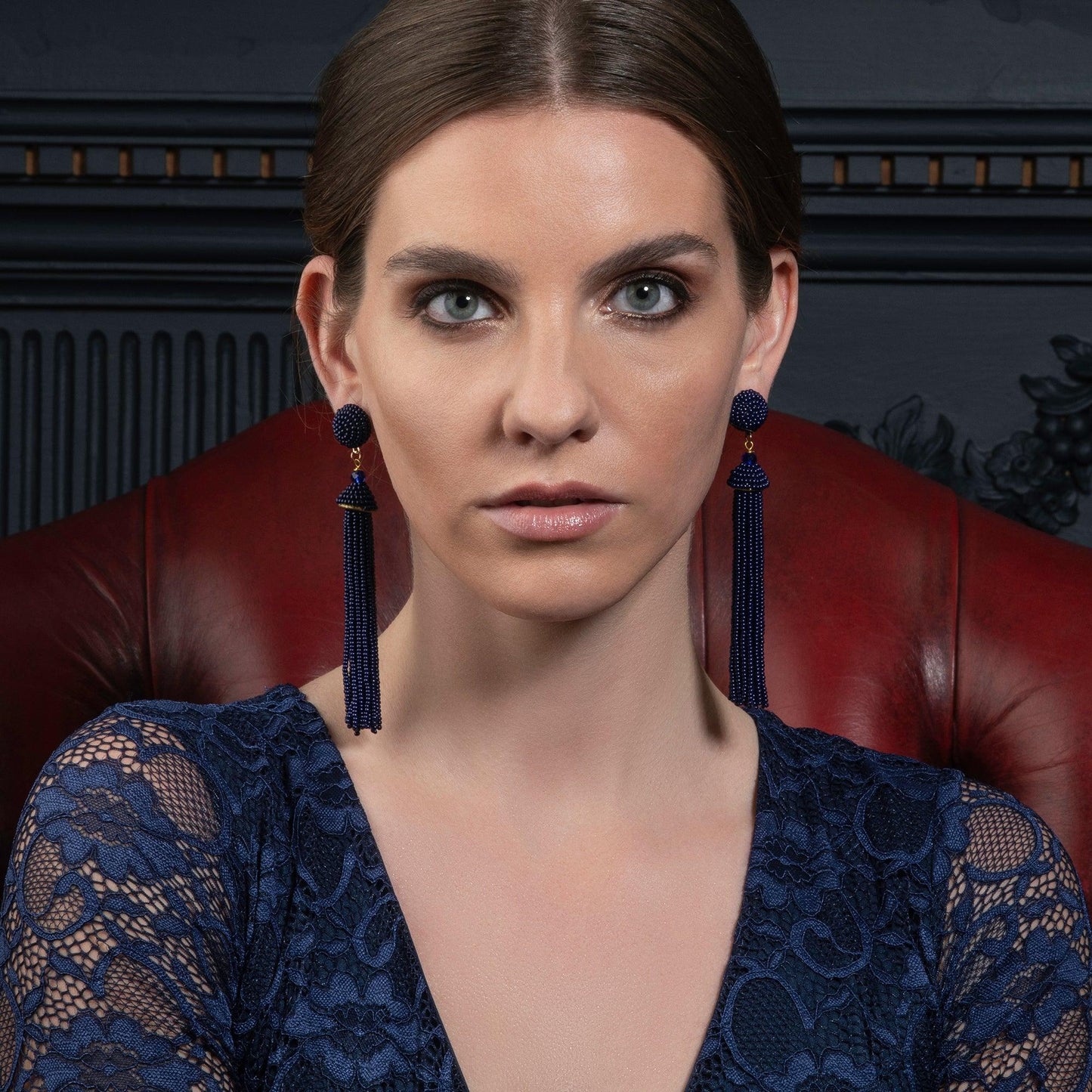 Long Blue Beaded Tassel Earrings for Women - namana.london