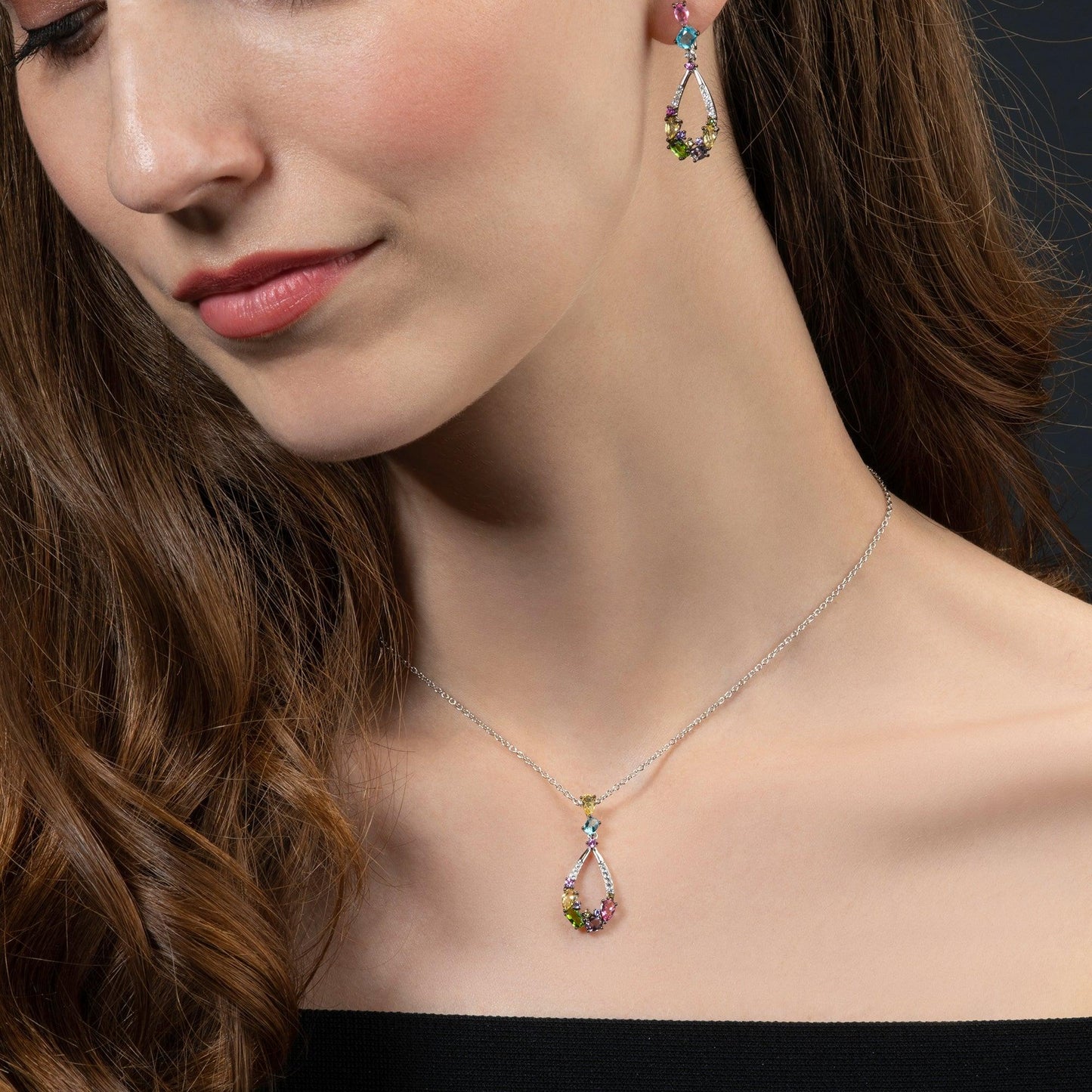 Sterling Silver Colourful Pendant Necklace for Women with Multicoloured Stones and Cubic Zirconia Gemstones - namana.london