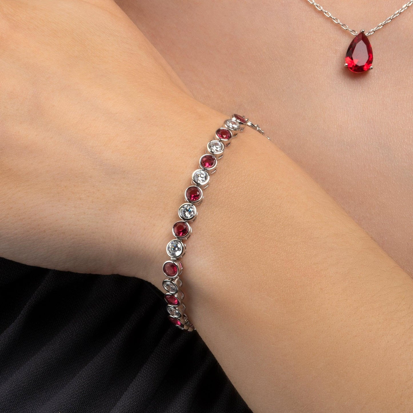 925 Sterling Silver Tennis Bracelet with Bezel Set Pink/Red & White Cubic Zirconia - namana.london