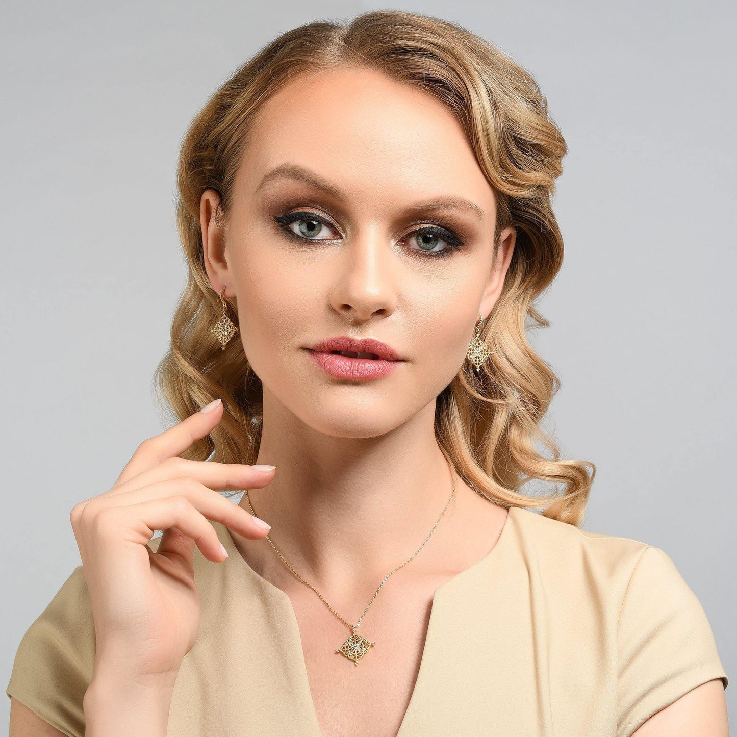 Gold Arabesque Dangle Earrings with Cubic Zirconia - namana.london