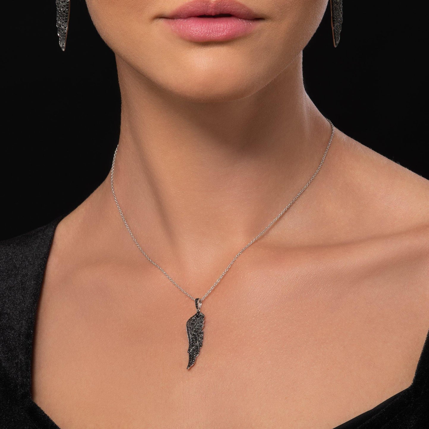 Sterling Silver Black Angel Wings Necklace for Women. - namana.london