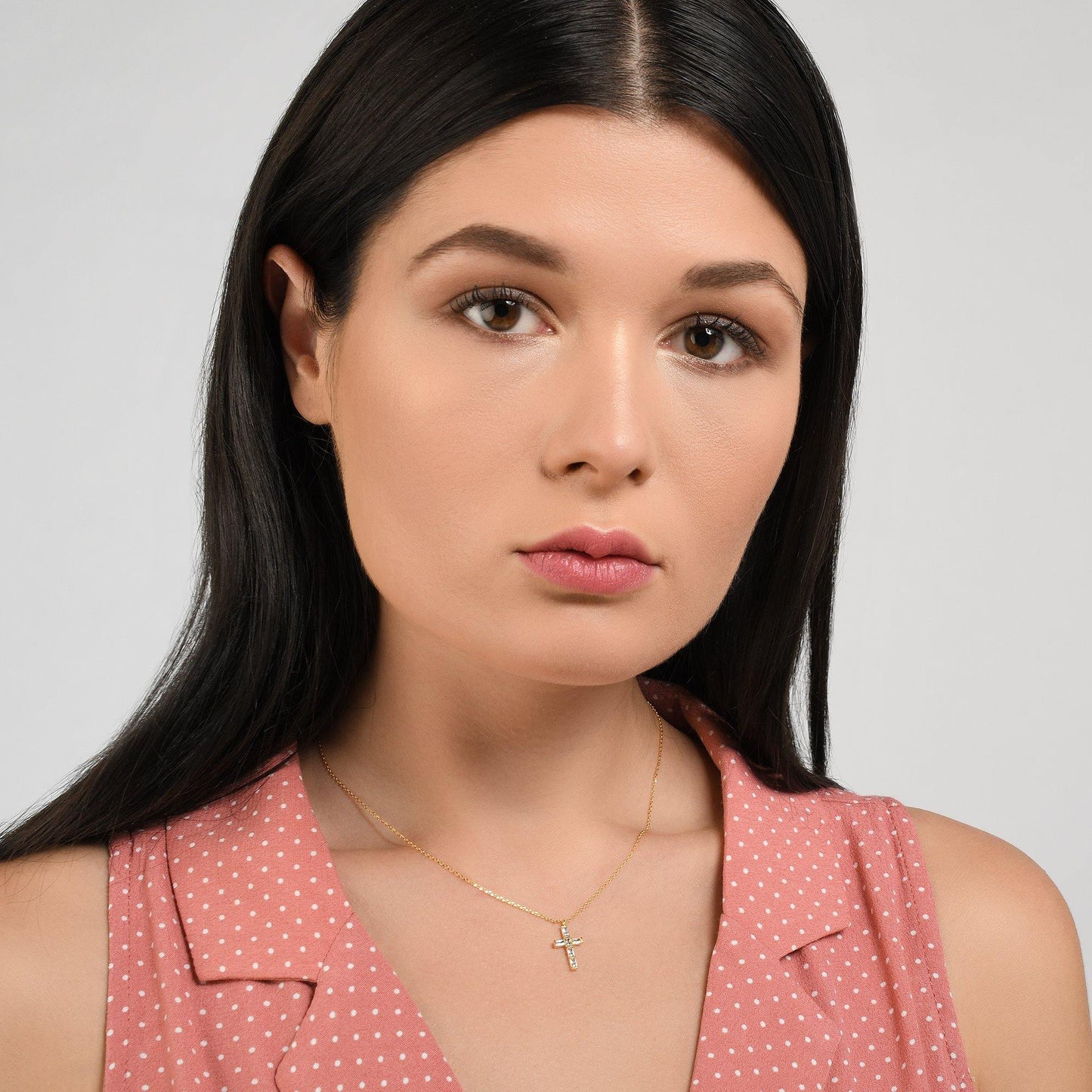 Gold Cross Pendant Necklace with Baguette Cubic Zirconia - namana.london