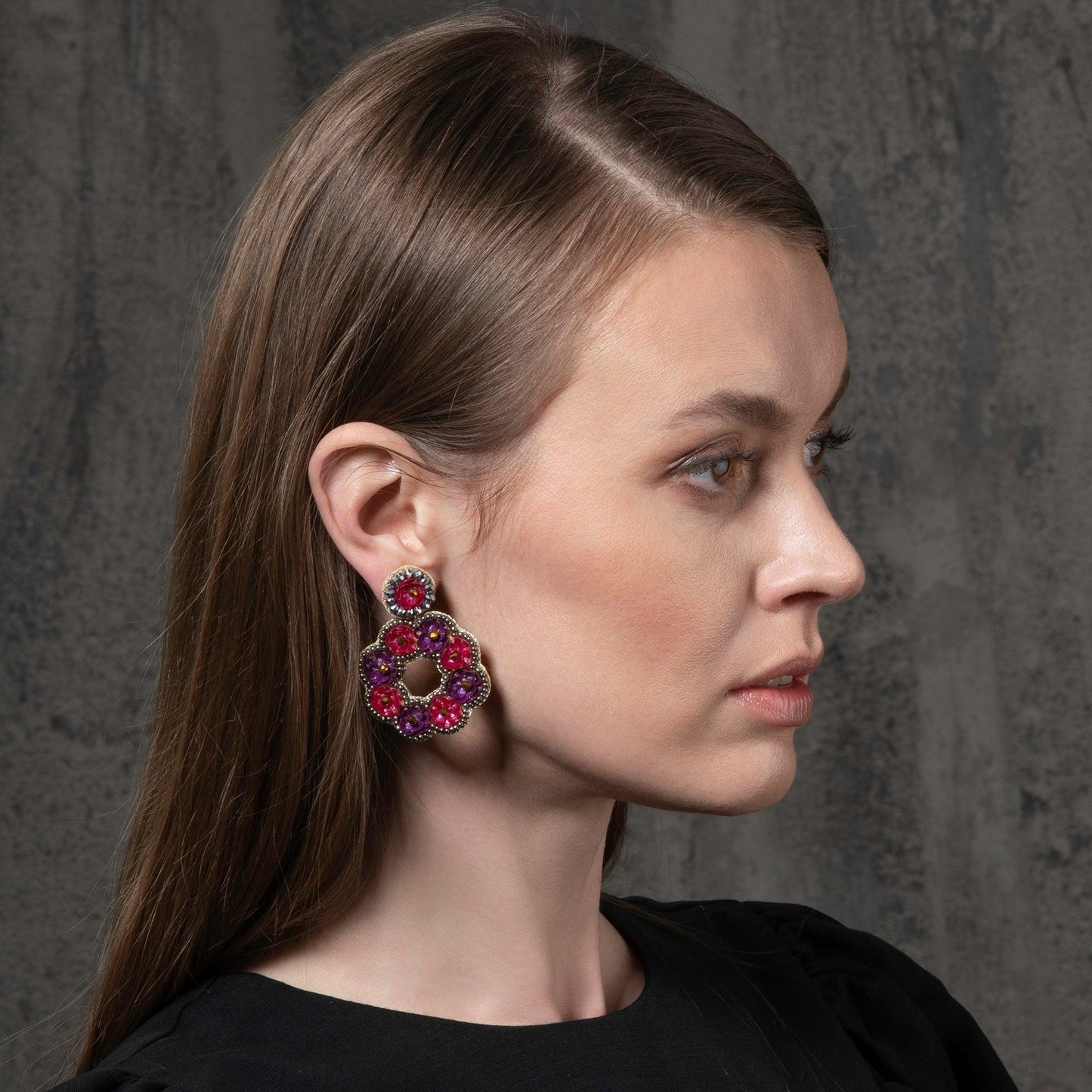 Large Pink and Purple Flower Statement Earrings for Women - namana.london