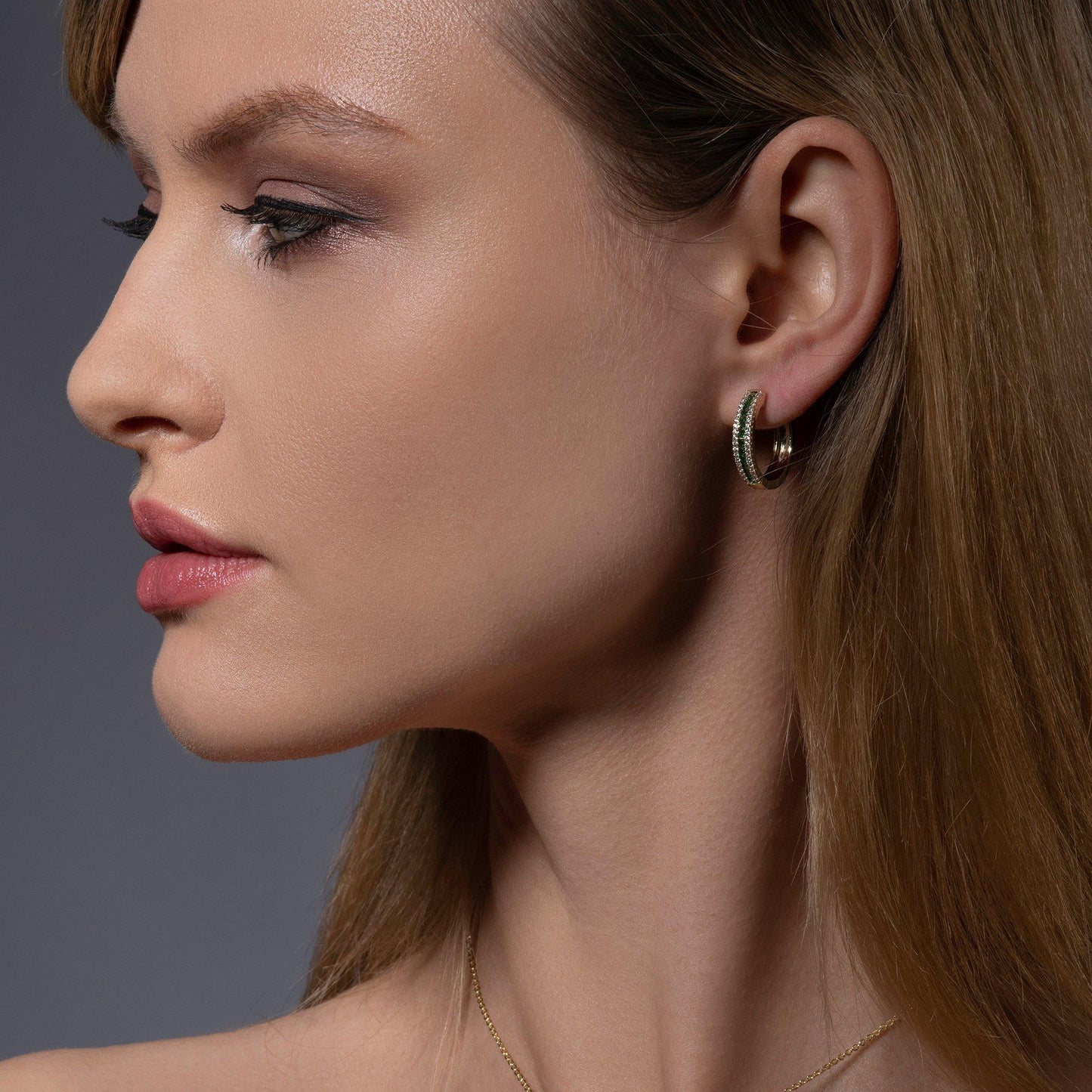 Gold Hoop Earrings with Green Cubic Zirconia Stones - namana.london