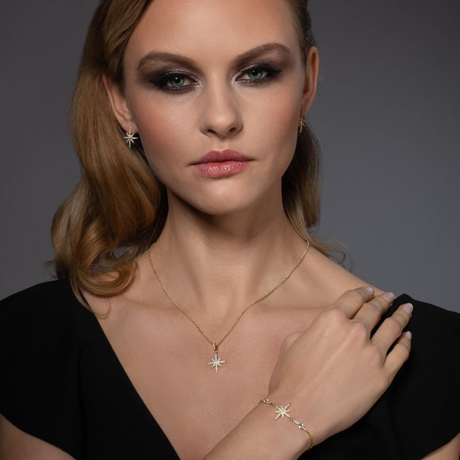 North Star Gold Pendant Necklace with Cubic Zirconia - namana.london