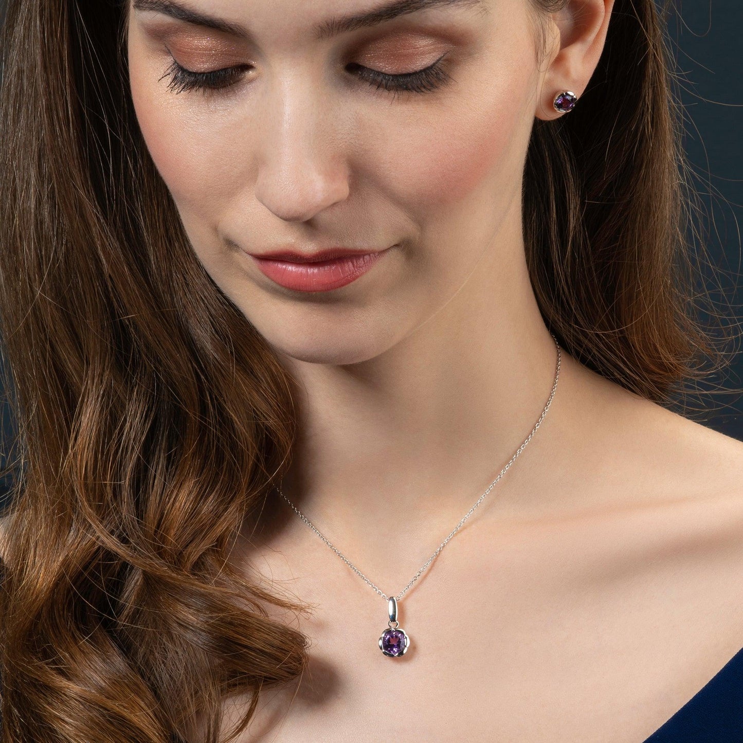 925 Sterling Silver Round Amethyst Pendant Necklace - namana.london