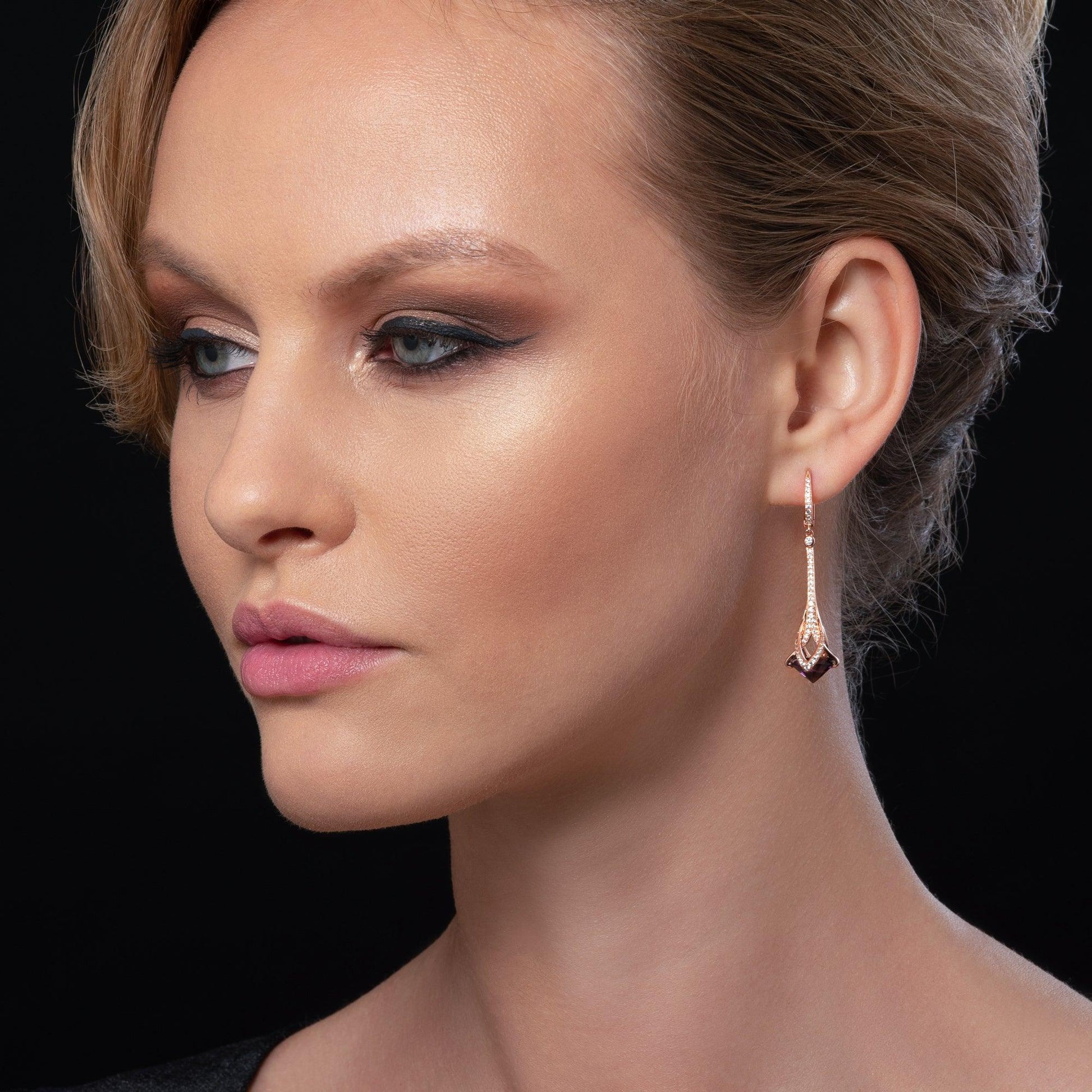 Rose Gold Drop Earrings for Women with Purple Stones and Cubic Zirconia Gemstones - namana.london