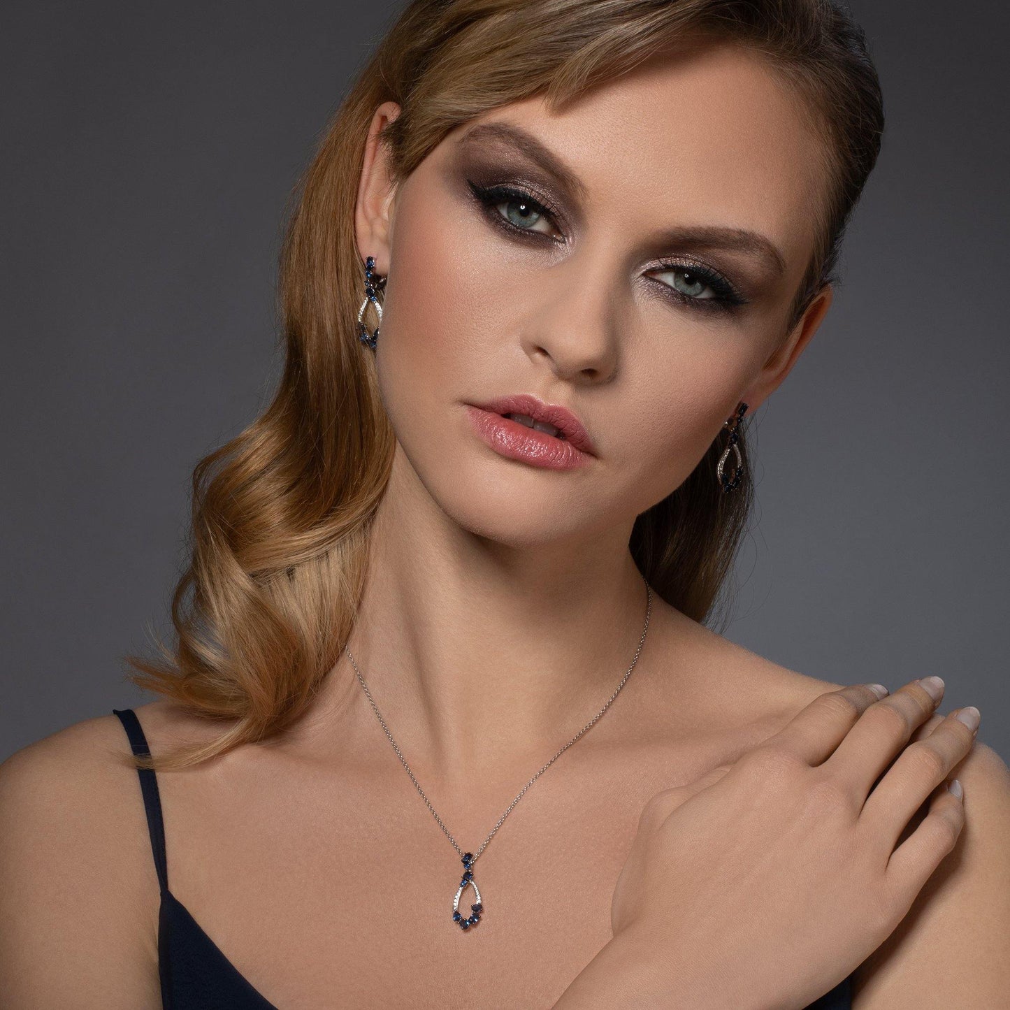 Sterling Silver Drop Pendant Necklace for Women with Blue Stones and Cubic Zirconia Gemstones - namana.london