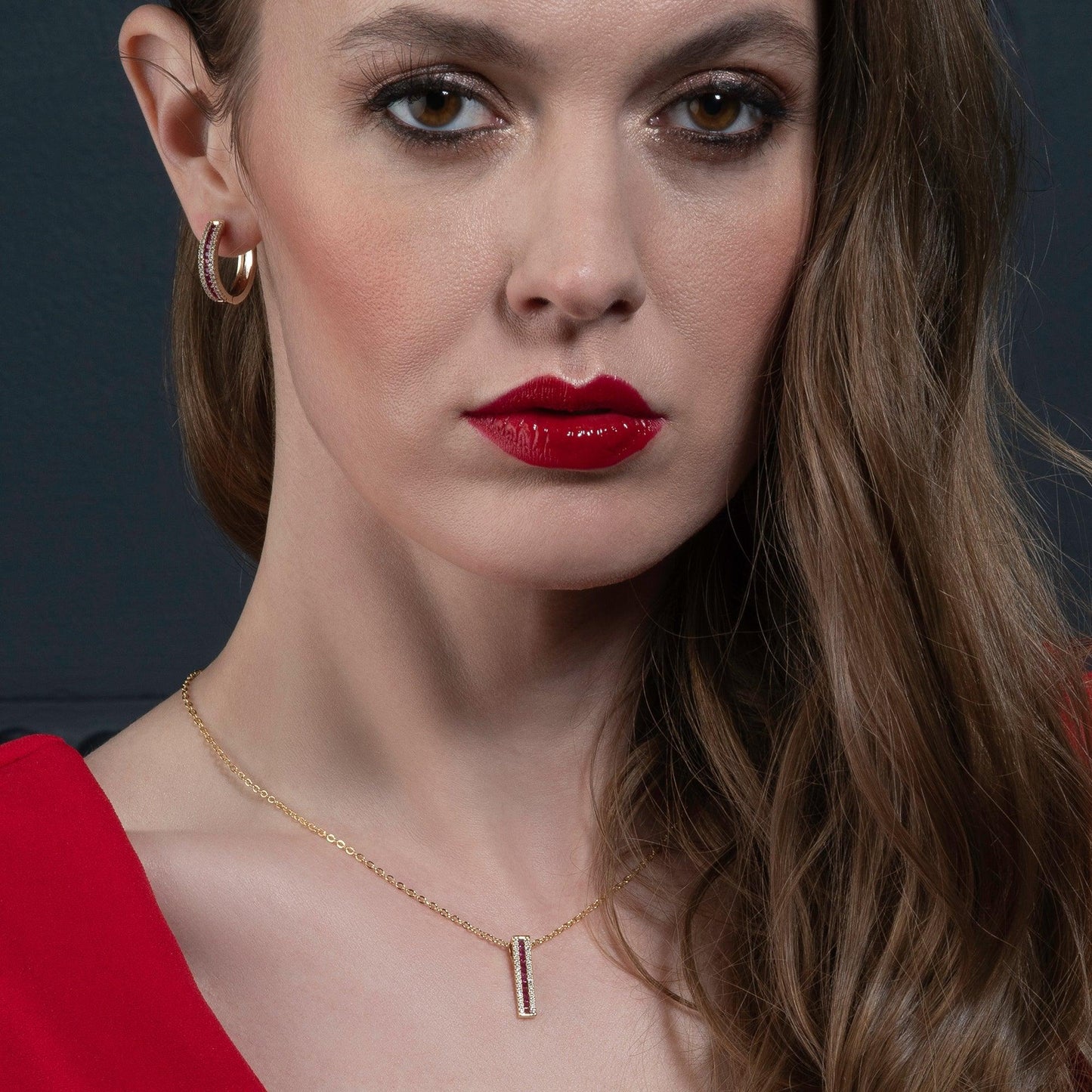 Gold Bar Pendant Necklace with Red Cubic Zirconia Stones - namana.london