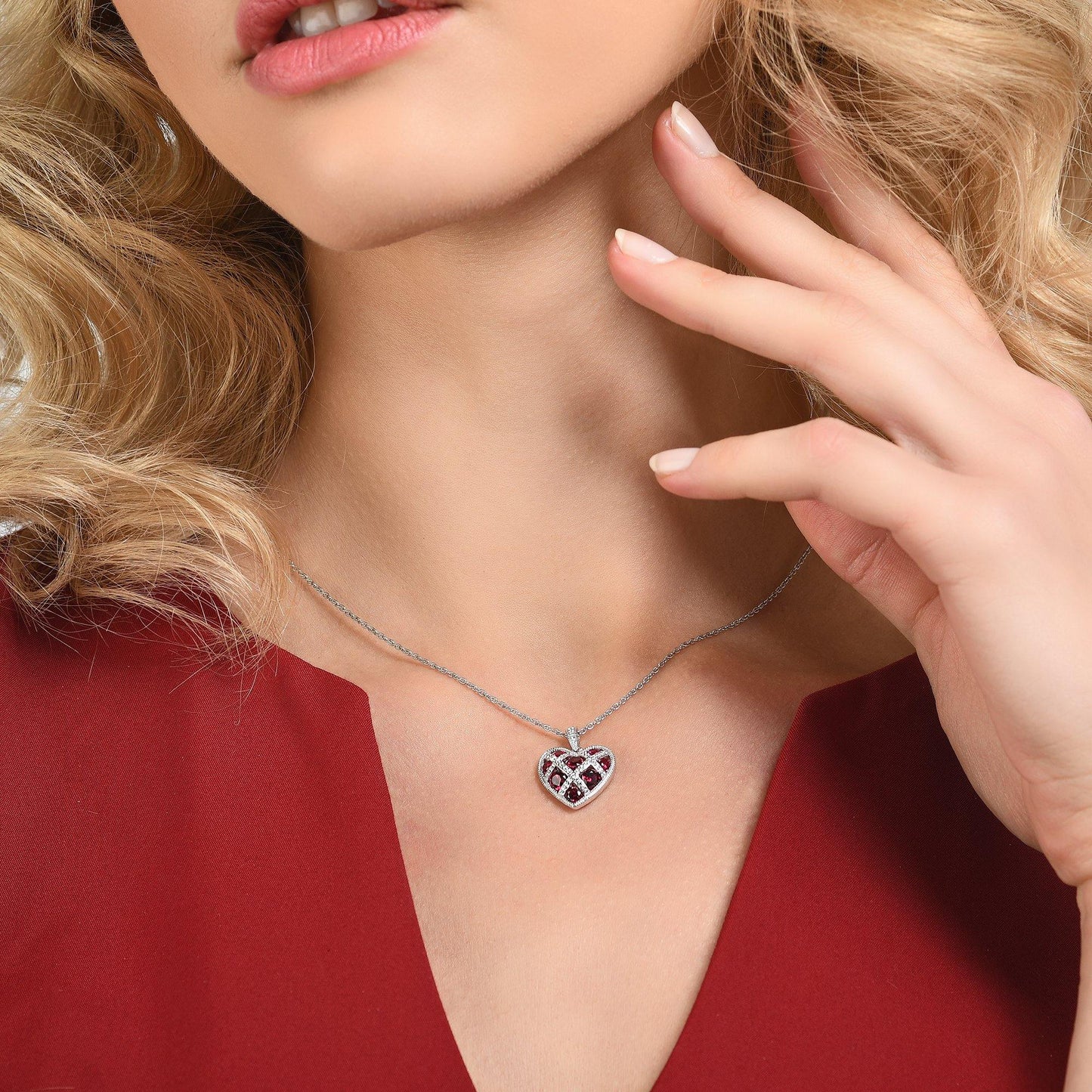 Sterling Silver Lattice Heart Necklace for Women with Red Stones - namana.london