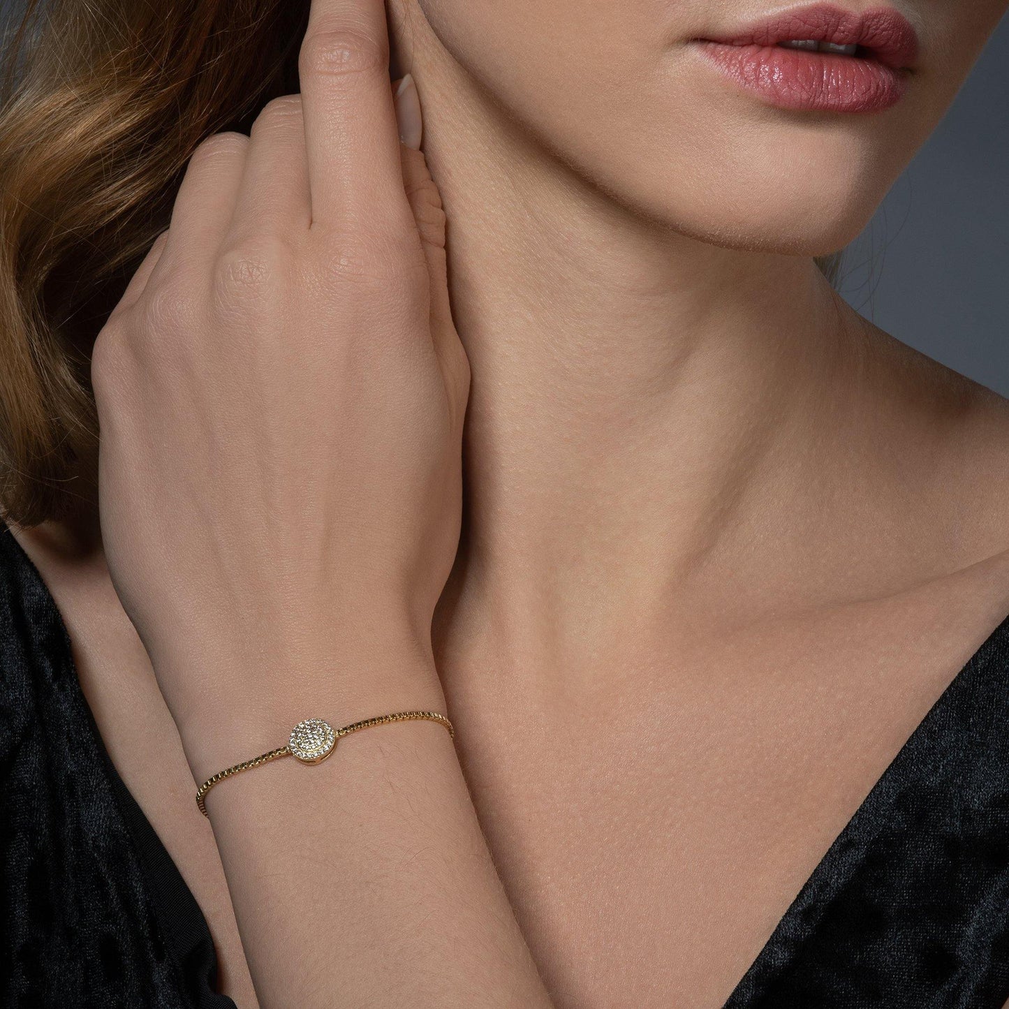 Gold Celestial Disc Bracelet with Cubic Zirconia Stones - namana.london