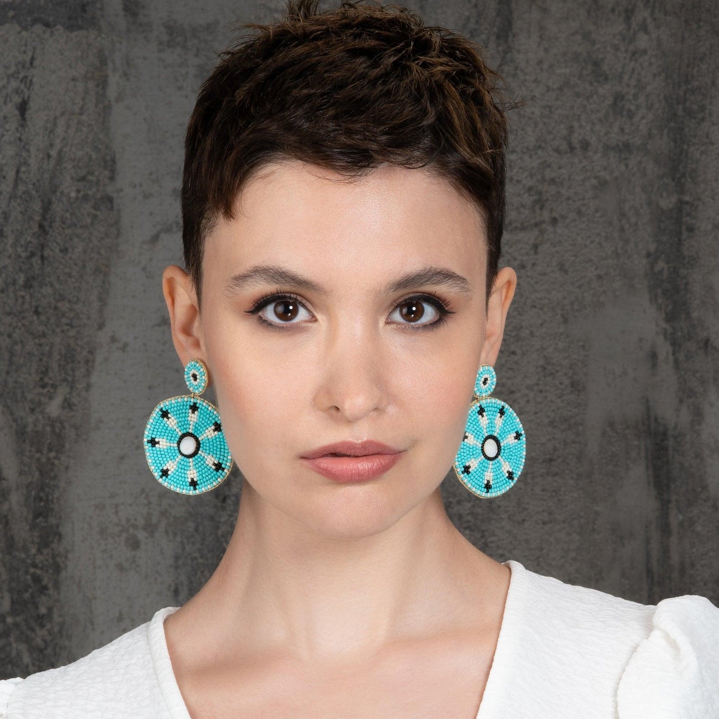 Large Turquoise Blue Beaded Statement Earrings for Women - namana.london