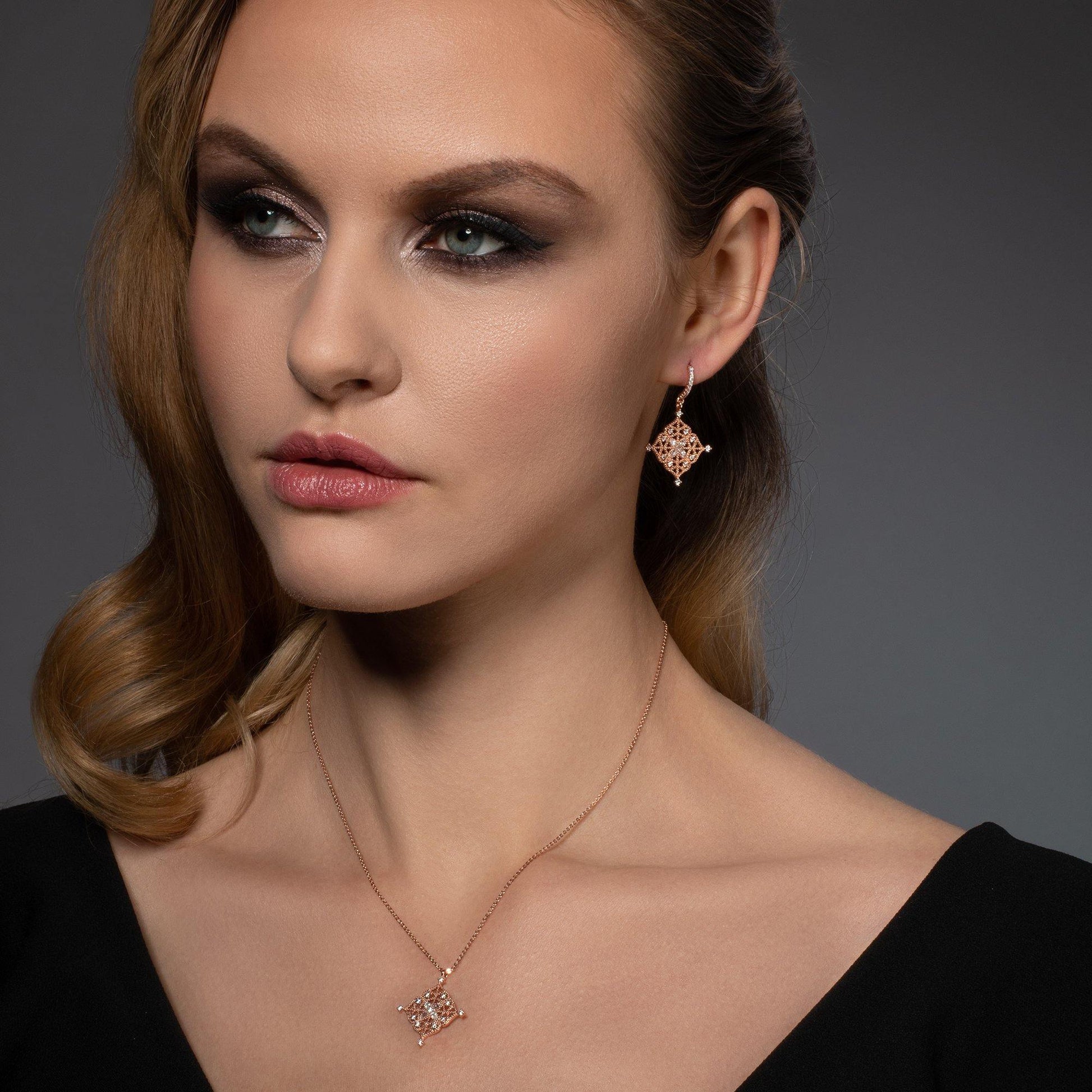 Rose Gold Arabesque Dangle Earrings with Cubic Zirconia - namana.london