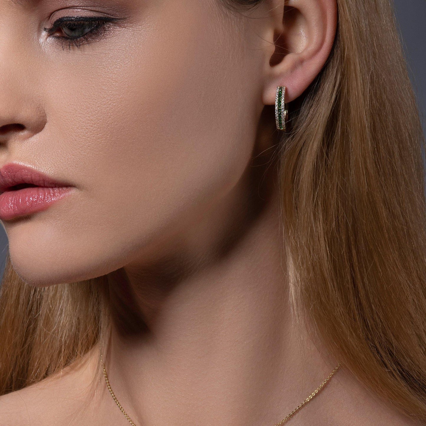 Gold Hoop Earrings with Green Cubic Zirconia Stones - namana.london