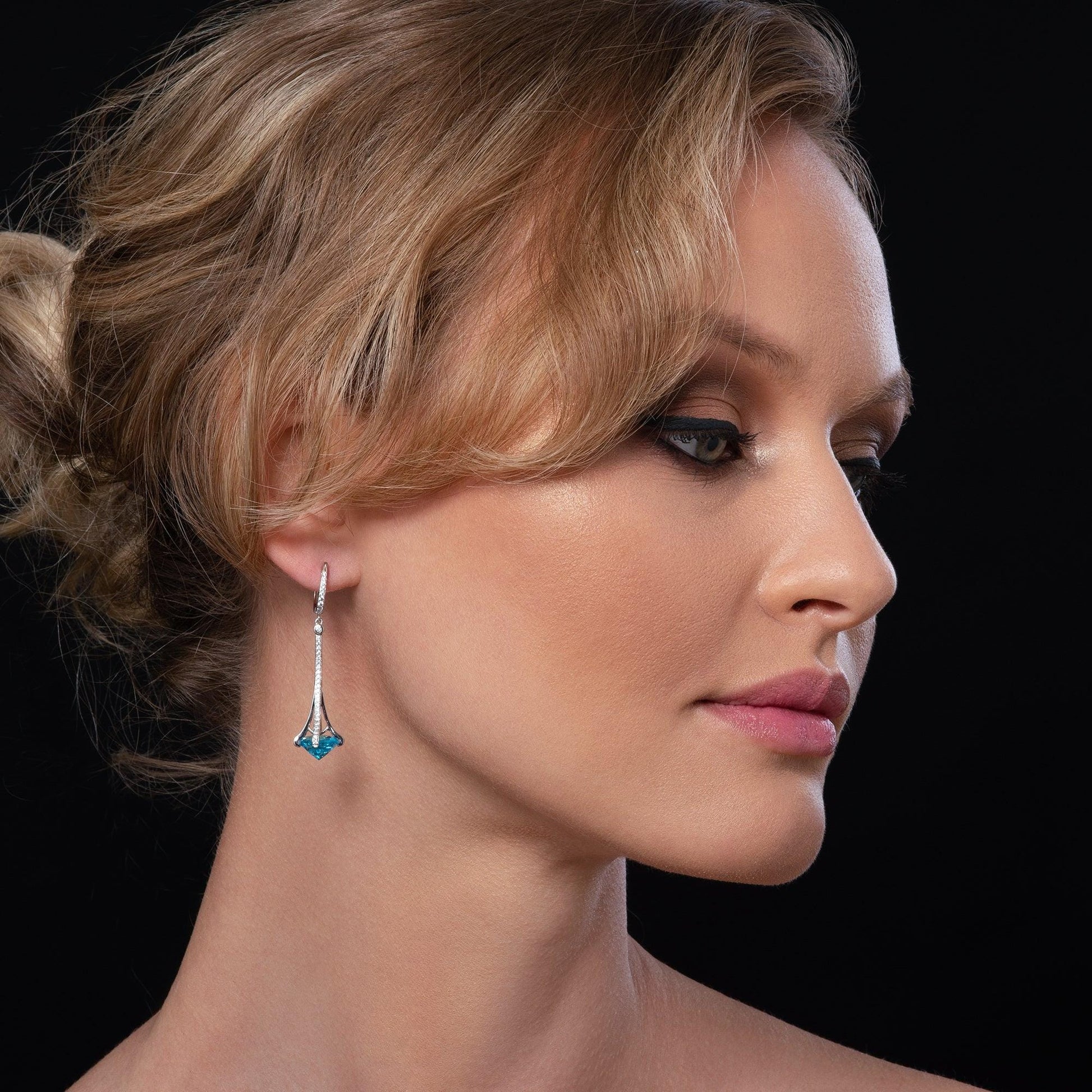 Sterling Silver Long Drop Earrings for Women with Light Blue Stones and Cubic Zirconia Gemstones - namana.london